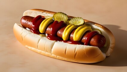 Hot dog topped with ketchup and pickles, perfect for summer barbecues and casual dining.