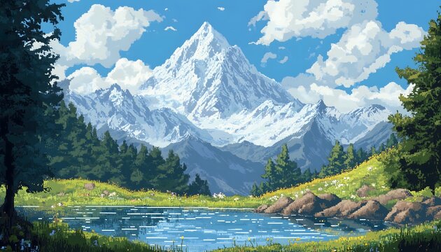 A pixel art illustration with a pond and massive mountains