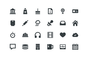 Archive, Alar, Badge, Bank, Battery, Calendar, Cardiogram, tea, Cupboard, database,, vector illustration, icons for web and applications