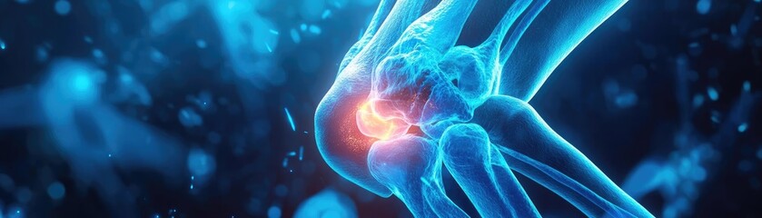 A vivid illustration of a knee joint highlighting inflammation and pain, showcasing advanced digital medical technology.
