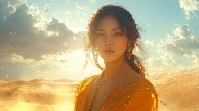 A serene Mongolian woman in a deel, standing by a surreal version of the Gobi Desert, where giant sand dunes flow like waves, and horses float in the sky. Her posture is calm, blending with the