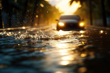 A car navigating through a flooded street at sunset, creating ripples in the water under golden light.