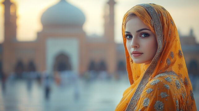 An elegant Pakistani woman in a shalwar kameez, standing by the Badshahi Mosque, whose minarets swirl into the sky like surreal towers. Her serene expression blends with the magical, dreamlike
