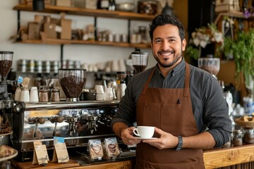 Fototapeta premium A barista smiles while serving espresso in a cozy coffee shop during the afternoon, showcasing freshly brewed beverages and beans