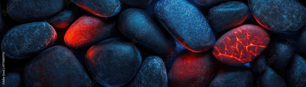 Poster A close-up view of smooth pebbles, showcasing a blend of dark tones with hints of glowing red. Perfect for nature and texture themes.