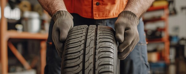 A mechanic inspects a tire, showcasing attention to detail and professionalism in automotive maintenance and repair.