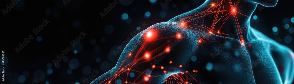 Poster a vivid representation of human anatomy showcasing neural connections and muscular structure illumin