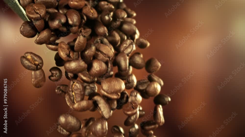 Poster super slow motion of pouring coffee beans from spoon. filmed on high speed cinema camera, 1000 fps. 
