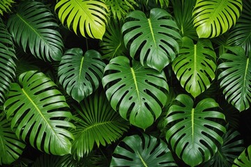 group background of dark green tropical leaves ( monstera, palm, coconut leaf, fern, palm leaf,bananaleaf) panorama background