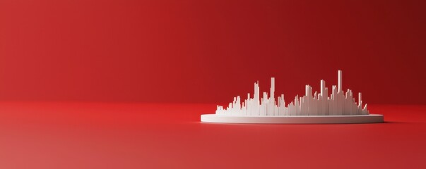 A minimalist city skyline model in white against a bold red background, perfect for modern design and architecture themes.