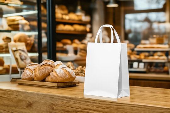 Mockup of a blank white takeaway paper bag on a wooden counter in a rustic bakery setting. Freshly baked bread loaves are placed alongside, showcasing a warm, inviting atmosphere.