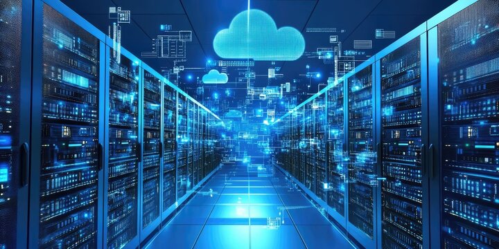 A virtual cloud server farm with numerous interconnected servers and data streams, representing the infrastructure that supports modern cloud computing services.