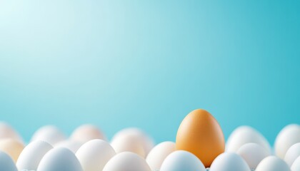 A collection of eggs in various shades with a striking yellow egg at the center, symbolizing uniqueness and creativity.