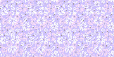 Pastel violet pattern with abstract shape daisy flowers. Vector hand drawn sketch. Blooming stylized floral print. Summer or spring purple meadow. Simple nature ornament design for fabric, textiles