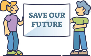 Two children holding a sign that reads 'Save Our Future', symbolizing a call for action to protect the environment and ensure a better future.