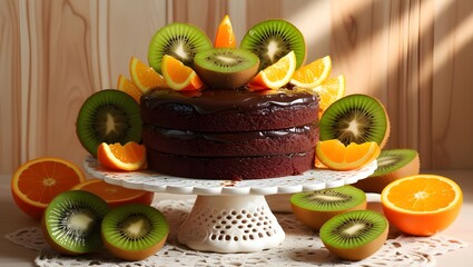 A delicious cake topped with fresh kiwi slices and vibrant oranges, perfect for dessert lovers and fruit enthusiasts.
