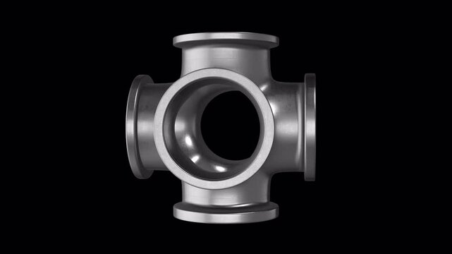 3D Metal Cross Pipe Rotating on a Transparent Background. Seamless Loop. 4K