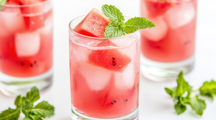 Refreshing watermelon mint drinks served in clear glasses with ice, garnished with mint leaves, ideal for summer gatherings