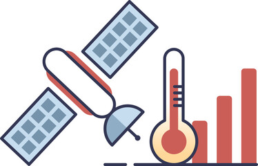 Illustration of a satellite monitoring Earth's climate, featuring a thermometer and a bar graph indicating temperature changes.