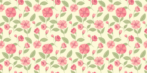 Abstract creative flowers and leaves seamless pattern. Summer floral print on a light background. Vector hand drawn. Ornament for designs, children textiles, notebook cover