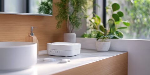 A smart bathroom equipped with connected devices like a scale and blood pressure monitor, syncing health data to a personal health app for ongoing tracking.