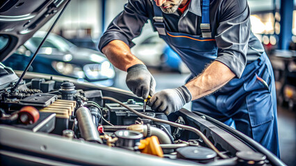 Fototapeta premium Close-up shot of auto mechanic's hands working on car engine in repair shop , auto mechanic, hands, working