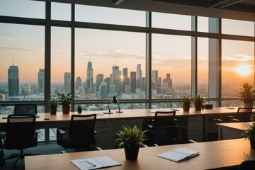 blur background of office interior with large windows with city urban view, plants, and wooden desks at sunset