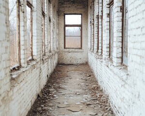Obraz premium A desolate hallway featuring cracked walls and a dusty floor, highlighting the beauty of decay in an abandoned building.
