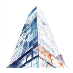 Obraz premium Illustrate a modern skyscraper from a low-angle view, with a sleek glass facade reflecting a busy urban street below, showcasing architectural grandeur