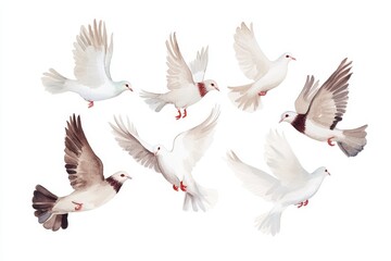 Obraz premium Illustrate a serene flock of doves mid-flight, their graceful wings outstretched, against a clean white canvas