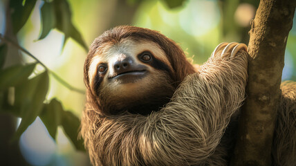 Fototapeta premium Close-up of a sloth hanging on a tree branch, surrounded by lush greenery, capturing its gentle expression and slow-moving nature.