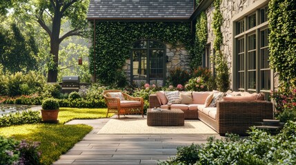 Cottage charm meets modern comforts in this cozy outdoor lounge in a tranquil countryside setting