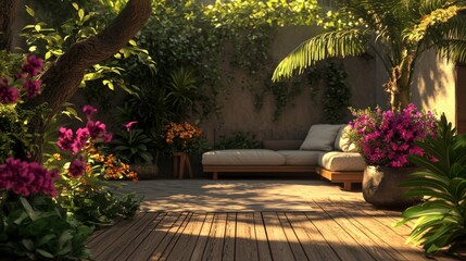 Obraz premium An outdoor living environment with a unique set of outdoor furniture and a well-maintained greenery