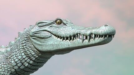 Fototapeta premium A lifelike 3D crocodile with its mouth slightly open, standing against a pastel backdrop, symbolizing the strength of these prehistoric creatures in zoos