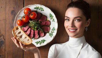 A woman holds a plate of meat and bread, showcasing a delicious meal ready to be enjoyed.