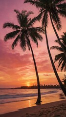 A vibrant sunset over a tropical beach, with palm trees silhouetted against the sky
