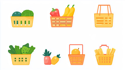 Cartoon style shopping basket with fruits and vegetables