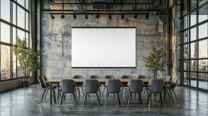 An empty mockup screen with a blank meeting conference room in a modern setting
