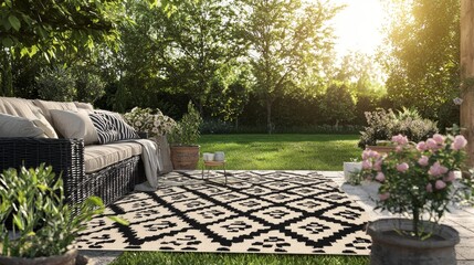 Obraz premium A modern geometric rug in earth tones complements the natural stone flooring and greenery surrounding the outdoor patio.