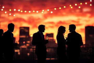An elegant evening networking event on a rooftop terrace at sunset with a magnificent view of the city scape