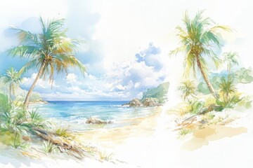 A sea cliff, coastal rocks, tropical beach. Hand drawn watercolor illustration