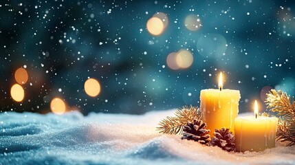 Christmas background with candles on a snow and bokeh .generative ai