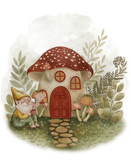 A watercolor autumn illustration featuring a mushroom house and a gnome on a white background in vintage style. Perfect for use in greeting cards, posters, home decor, seasonal invitations, and fabric