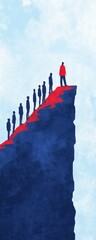 A leader stands atop a cliff, facing a gathering of followers below, conveying themes of leadership, ambition, and aspiration.