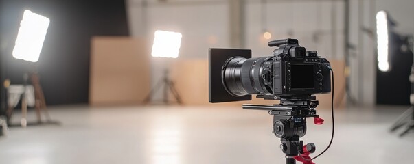 Fototapeta premium A professional camera set up for photography in a studio, showcasing lighting and equipment for creative projects.