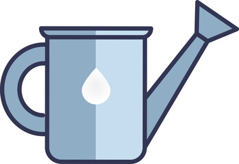 A side view illustration of a blue watering can with a water droplet symbol, representing gardening and plant care.