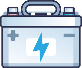 Illustration of a car battery with a lightning bolt symbol on the front, representing power and energy.