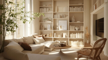 A cozy living room with beige furniture, built-in bookshelves, and simple decorations. The room has a light and airy feel, showcasing a minimalist design style.