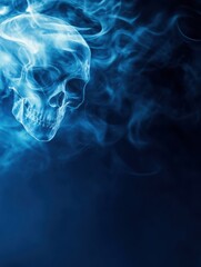 A mystical blue skull emerges from swirling smoke, creating an eerie and captivating atmosphere perfect for spooky themes.