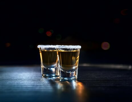 A tequila shot on a dark table, blurred by motion from high-speed driving, dark background.